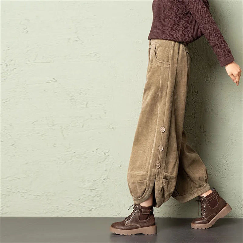Corduroy Lantern Wide-Leg Pants Women High Waist Trousers
