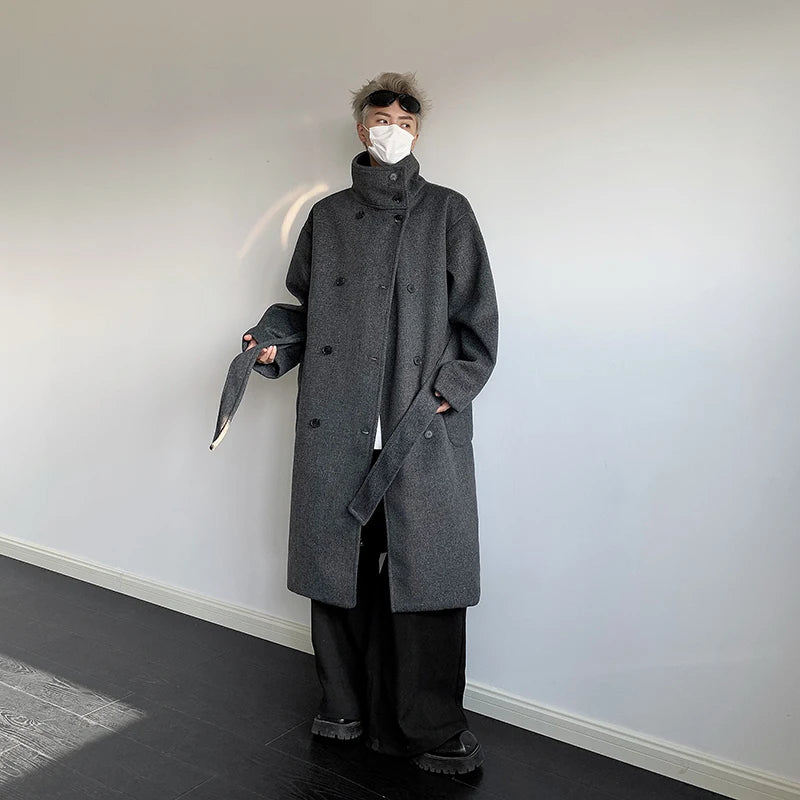 Men's Double-Breasted Wool Blend Overcoat with Belt Loose 