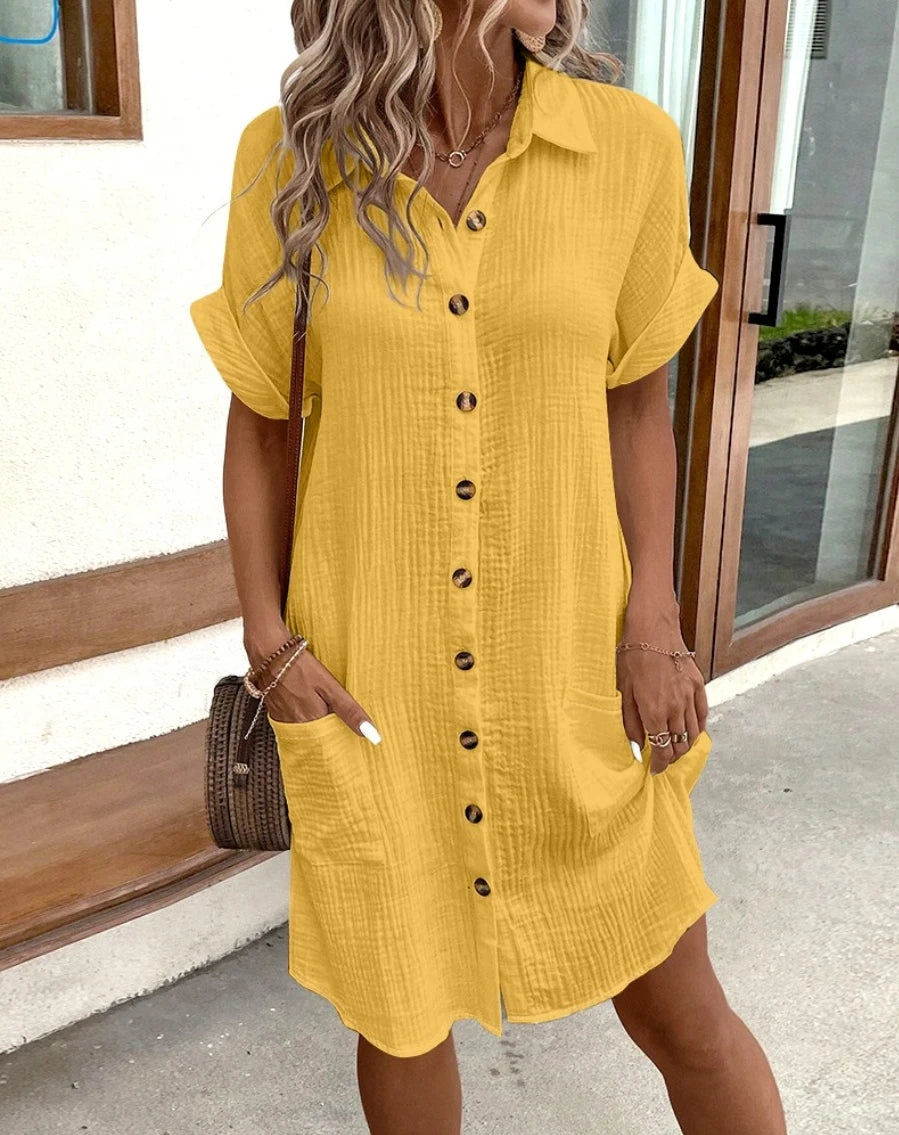 Summer Dress V-neck Decoration Pockets