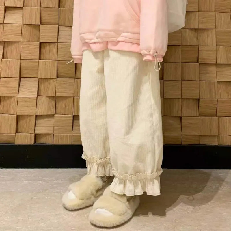 Corduroy Casual Pants Women Solid Lovely Ruffles Students