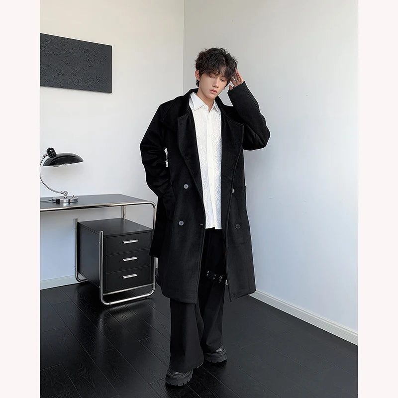 Men's Double-Breasted Wool Blend Overcoat with Belt Loose 