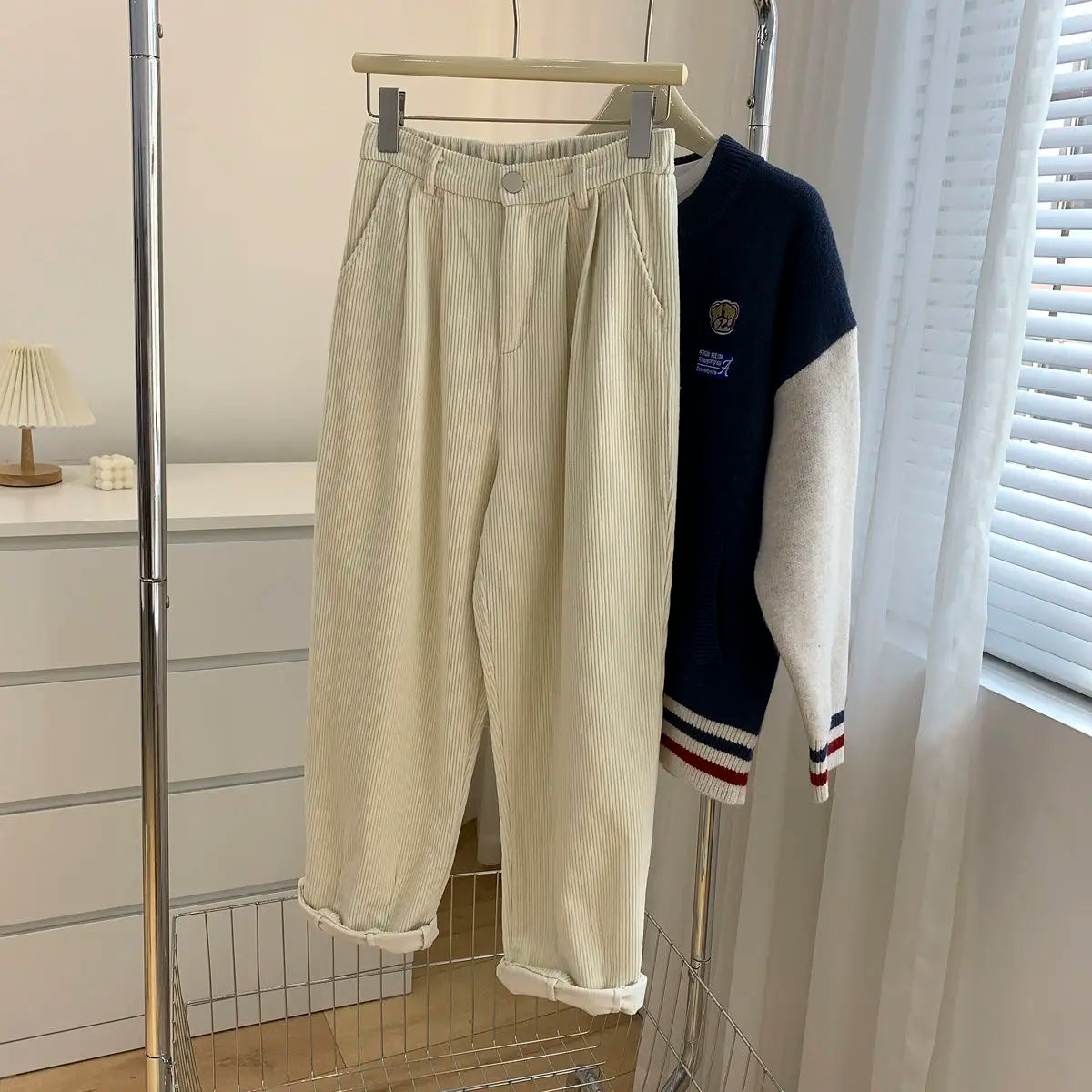 Retro High Waist Corduroy Pants Women Spring Fall Straight 