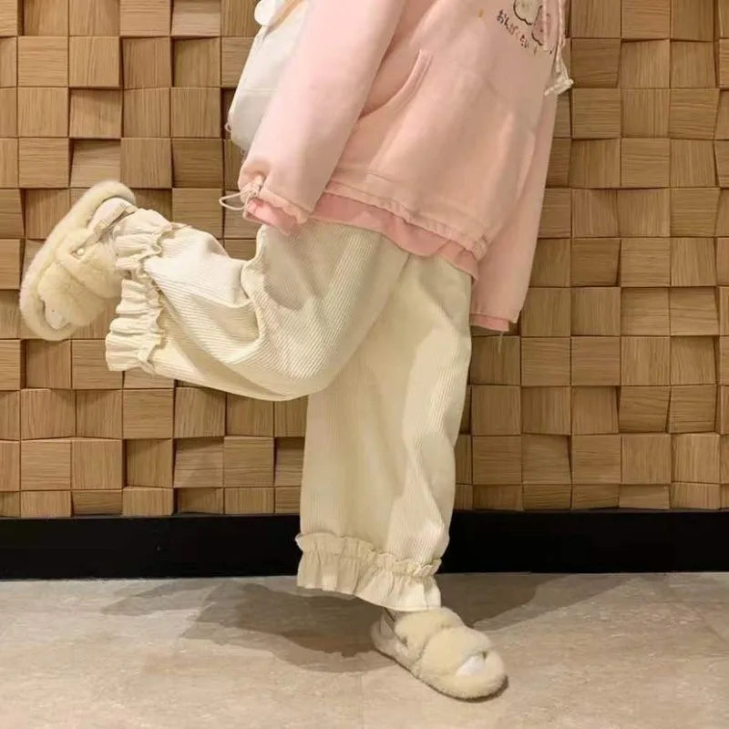Corduroy Casual Pants Women Solid Lovely Ruffles Students
