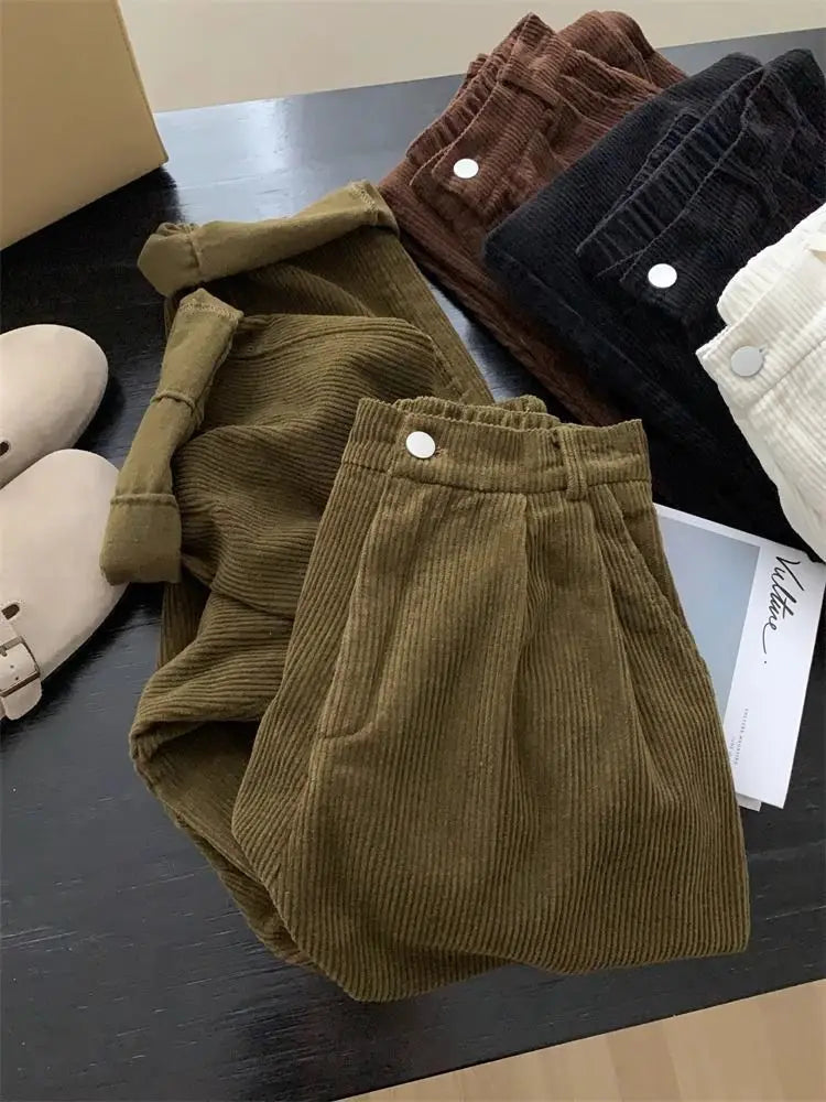 Retro High Waist Corduroy Pants Women Spring Fall Straight 