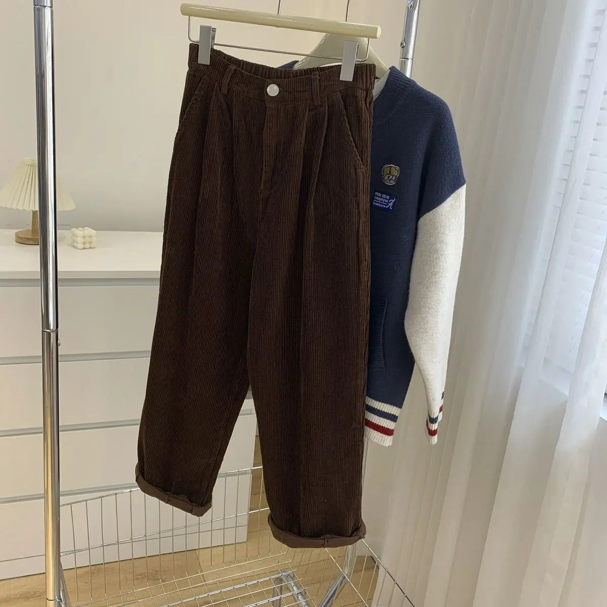 Retro High Waist Corduroy Pants Women Spring Fall Straight 