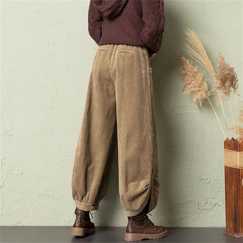 Corduroy Lantern Wide-Leg Pants Women High Waist Trousers