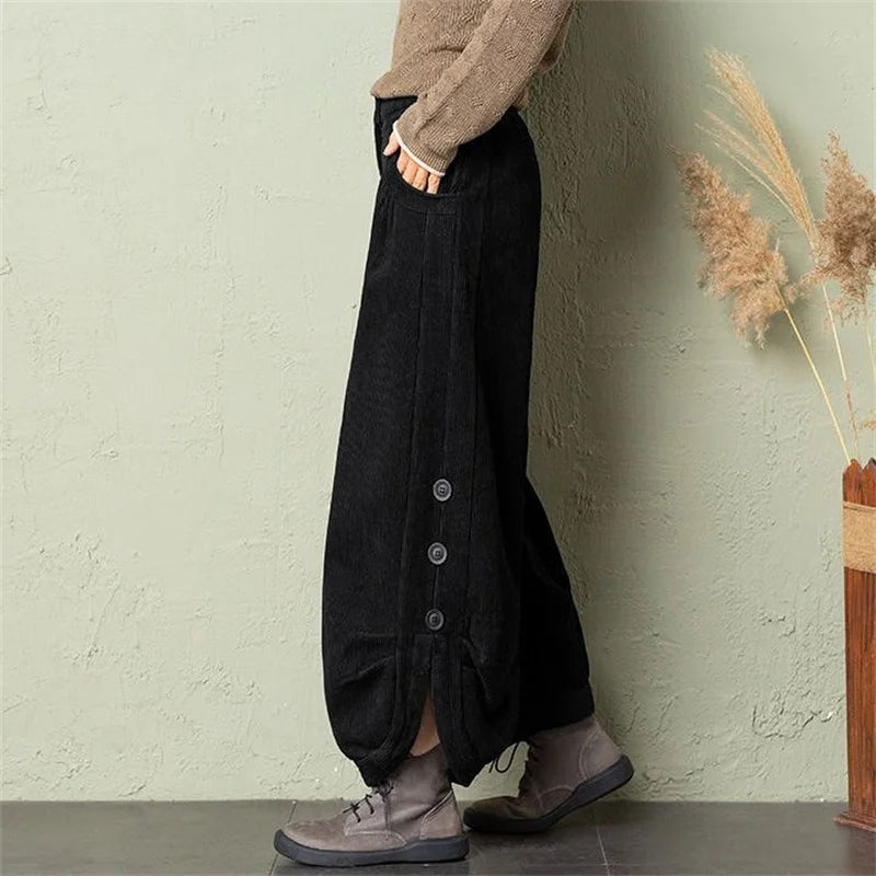 Corduroy Lantern Wide-Leg Pants Women High Waist Trousers