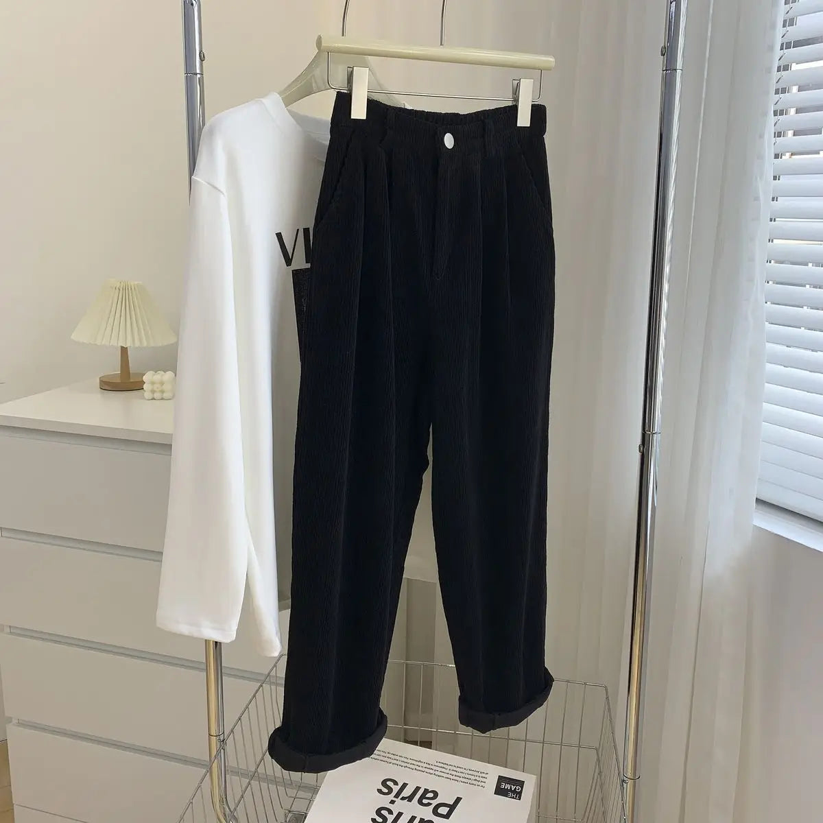 Retro High Waist Corduroy Pants Women Spring Fall Straight 