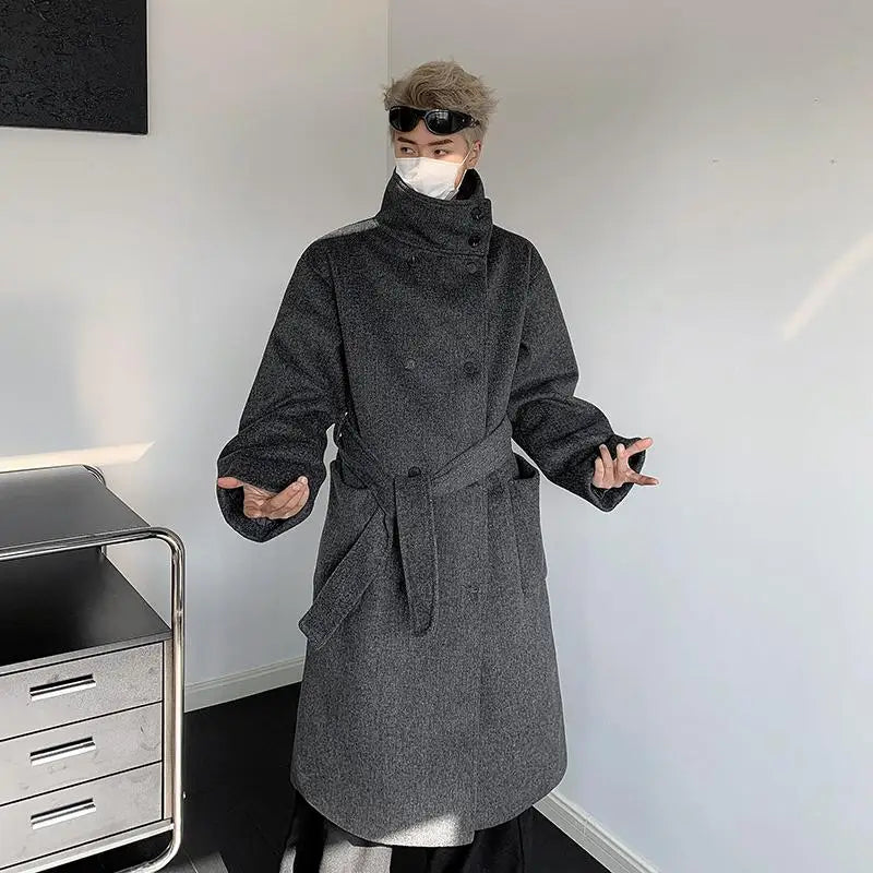 Men's Double-Breasted Wool Blend Overcoat with Belt Loose 