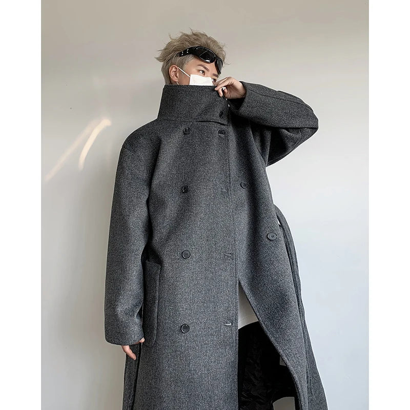 Men's Double-Breasted Wool Blend Overcoat with Belt Loose 
