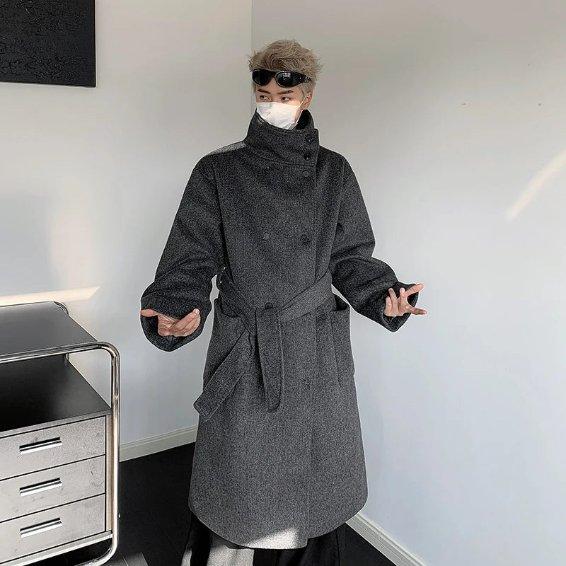 Men's Double-Breasted Wool Blend Overcoat with Belt Loose 