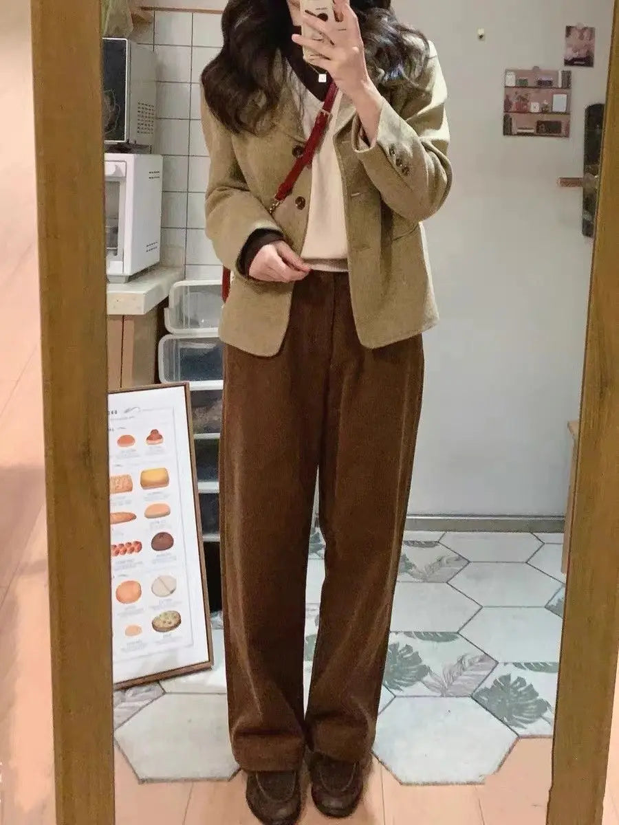 Retro High Waist Corduroy Pants Women Spring Fall Straight 