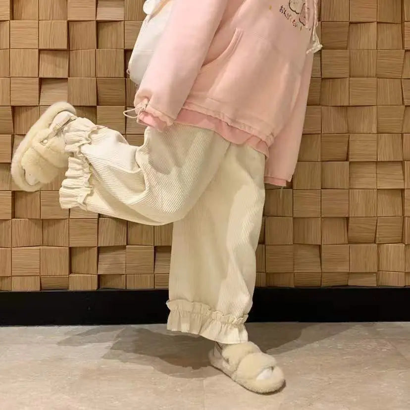 Corduroy Casual Pants Women Solid Lovely Ruffles Students