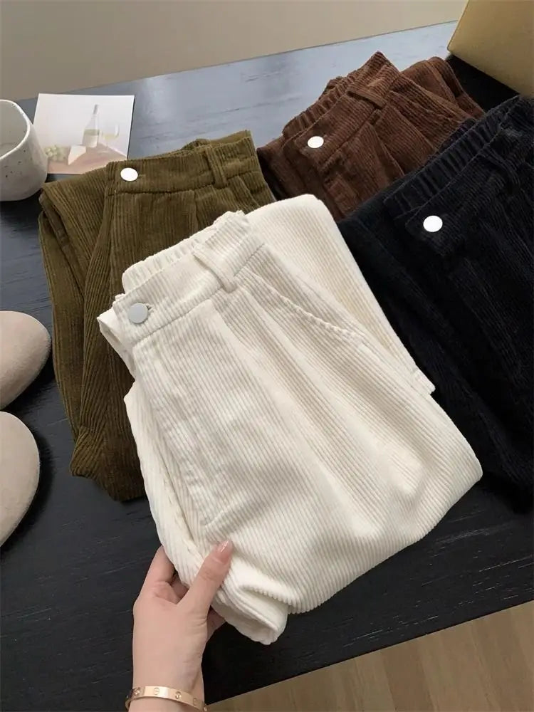 Retro High Waist Corduroy Pants Women Spring Fall Straight 
