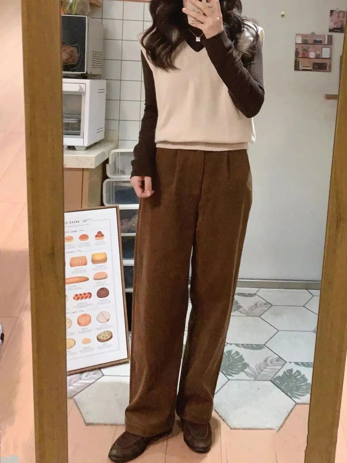 Retro High Waist Corduroy Pants Women Spring Fall Straight 