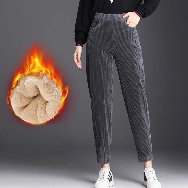 Corduroy Pants Women Winter Plush Lined Wide Leg 