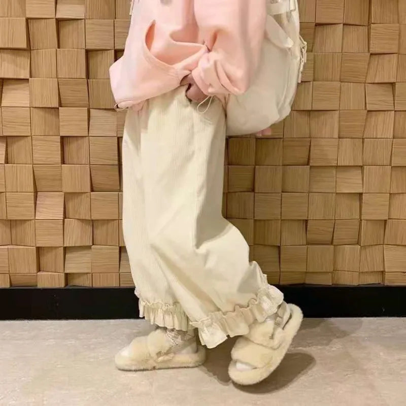 Corduroy Casual Pants Women Solid Lovely Ruffles Students