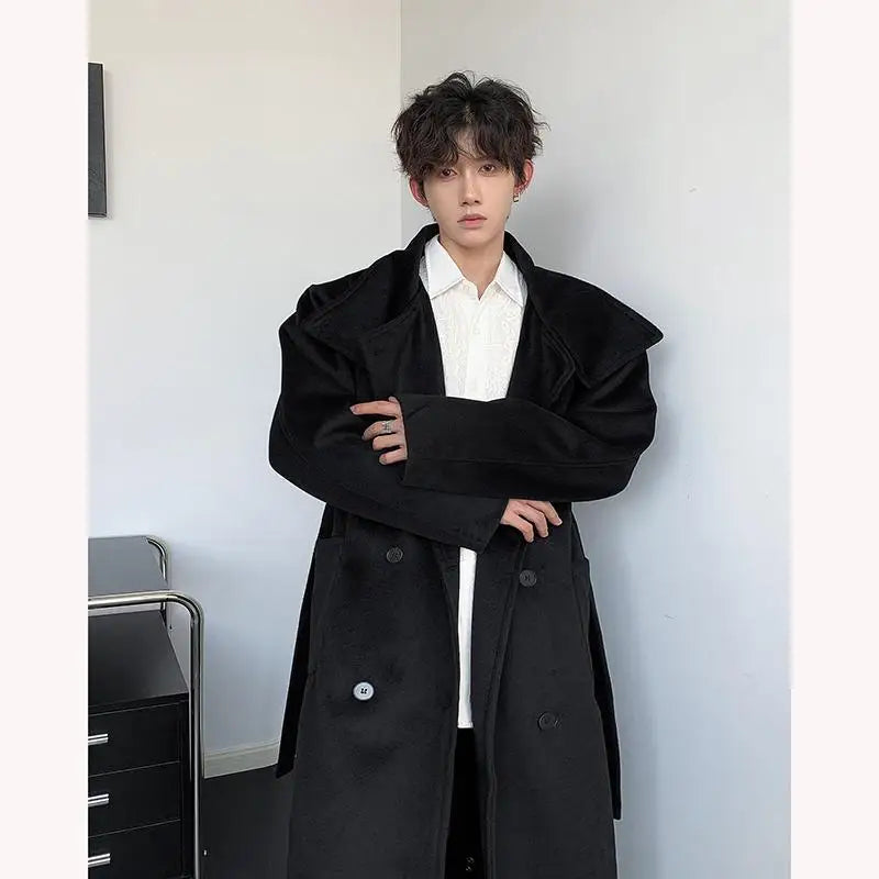 Men's Double-Breasted Wool Blend Overcoat with Belt Loose 