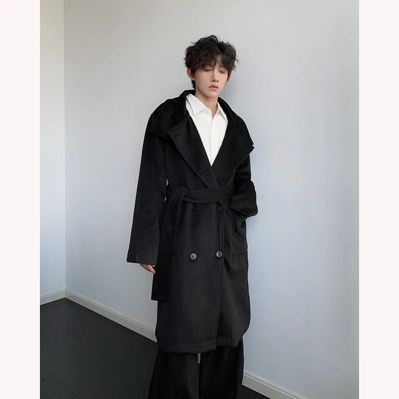 Men's Double-Breasted Wool Blend Overcoat with Belt Loose 
