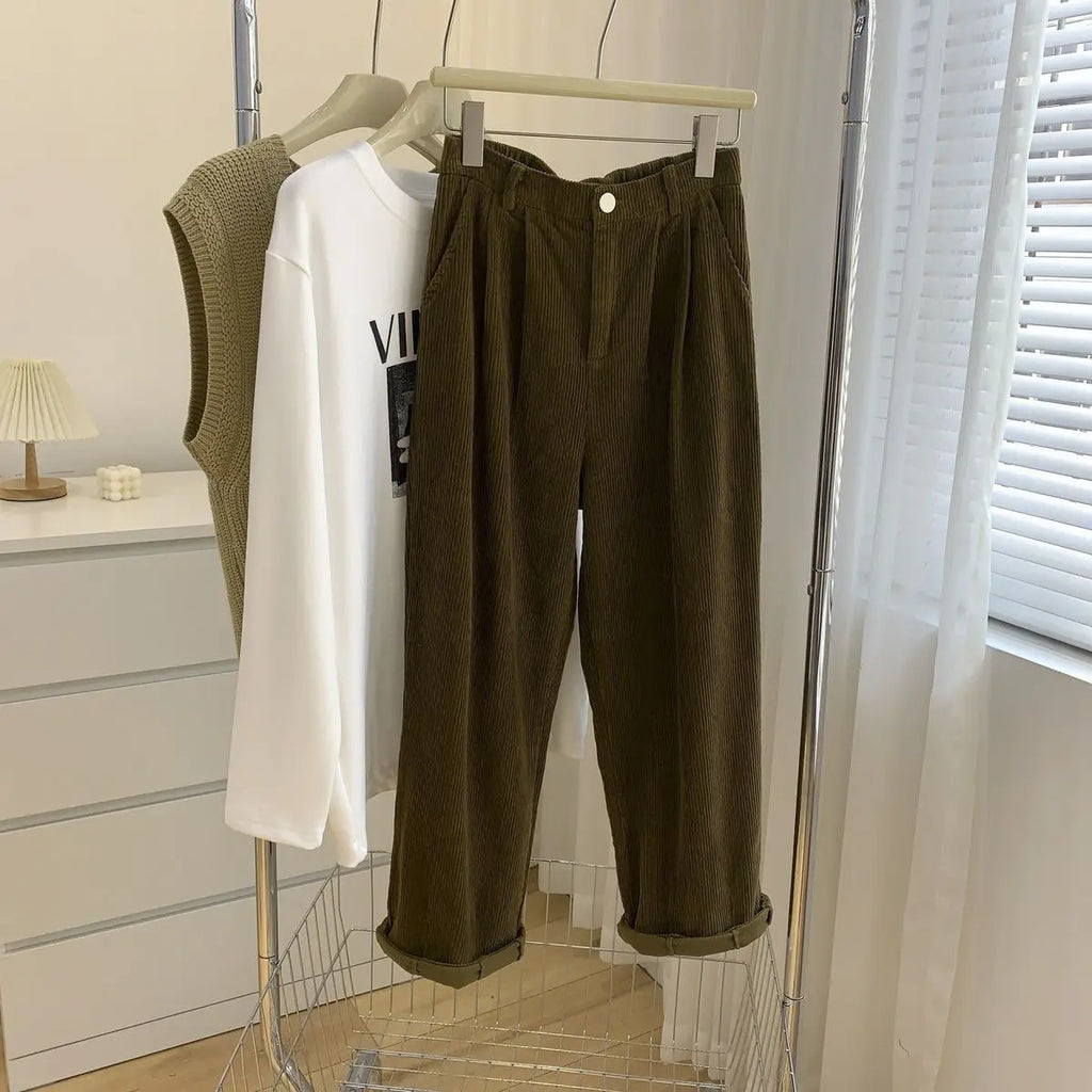 Retro High Waist Corduroy Pants Women Spring Fall Straight 