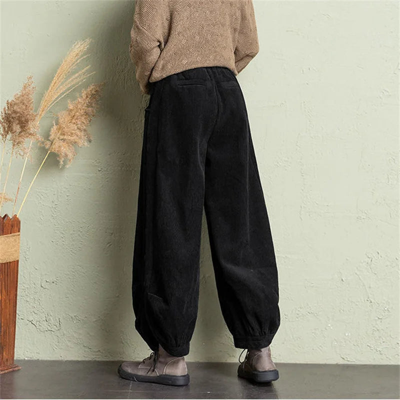 Corduroy Lantern Wide-Leg Pants Women High Waist Trousers