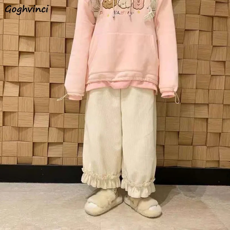 Corduroy Casual Pants Women Solid Lovely Ruffles Students