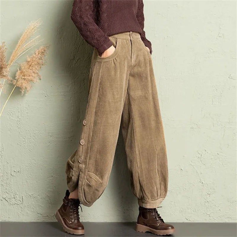 Corduroy Lantern Wide-Leg Pants Women High Waist Trousers