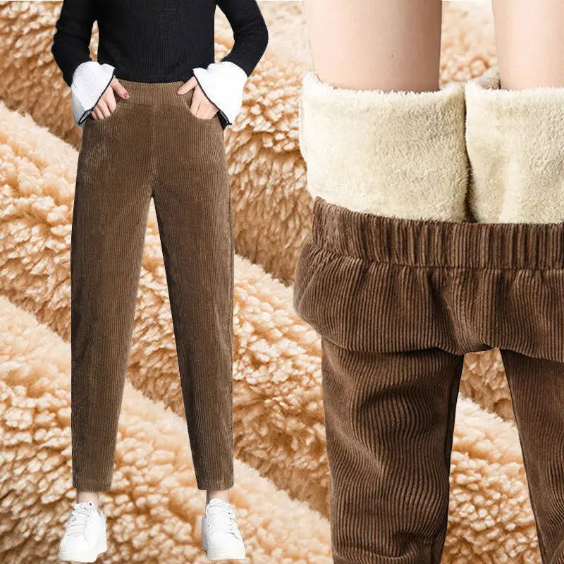 Corduroy Pants Women Winter Plush Lined Wide Leg 
