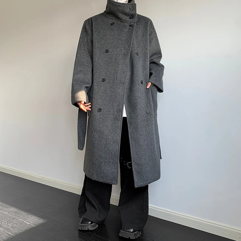 Men's Double-Breasted Wool Blend Overcoat with Belt Loose 