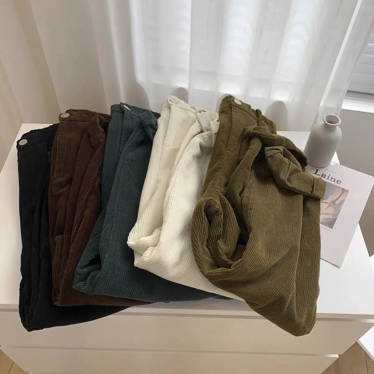 Retro High Waist Corduroy Pants Women Spring Fall Straight 